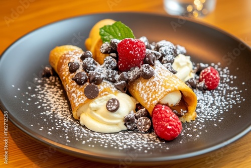 A fresh cannoli filled with sweet ricotta cream, topped with chocolate chips and powdered sugar photo