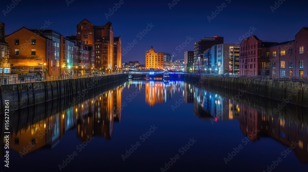 Fototapeta premium Night cityscape reflecting on calm water.