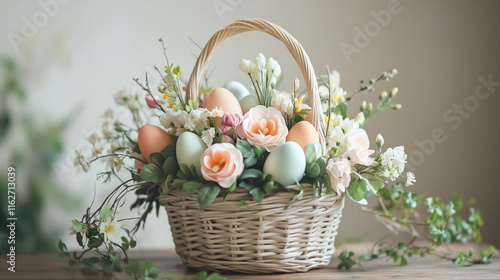 Ozdobiony wielkanocny koszyk wypełniony kolorowymi jajkami i świeżymi wiosennymi kwiatami, tworzący radosny i świąteczny nastrój.

