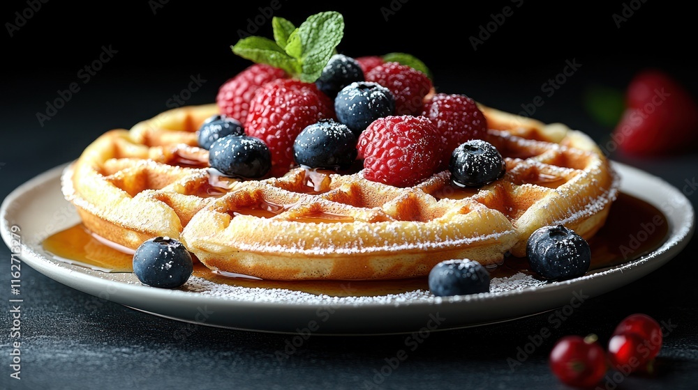 Waffles with berries, syrup, and powdered sugar. Waffles with berries, syrup, and powdered sugar.