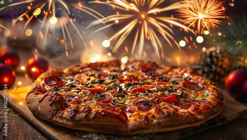 A delicious-looking pizza with festive fireworks in the background. Perfect for a celebratory meal! photo