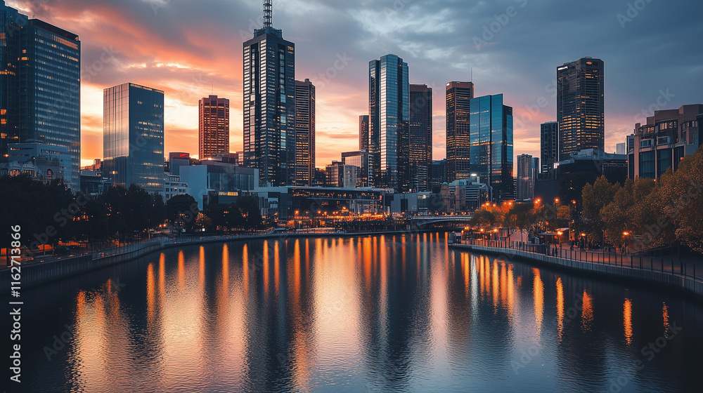 Fototapeta premium Miasto rozciągające się w szerokim widoku panoramicznym, rozświetlone ciepłym blaskiem świateł w czasie zmierzchu, z idealnym odbiciem na spokojnych wodach.