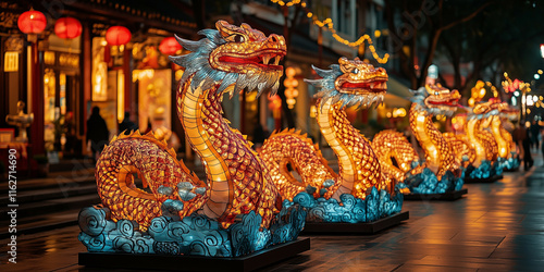 A street display for Chinese New Year showcases wooden snake zodiac sculptures with intricate patterns. The vibrant scene celebrates cultural heritage and blessings for the year ahead. photo