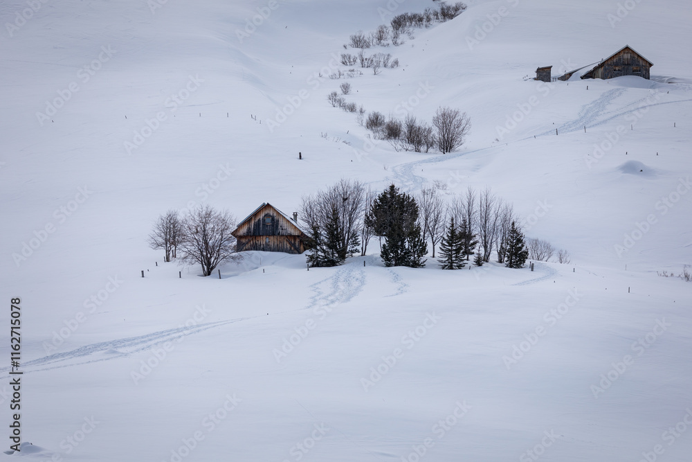Two mountain huts lost in the snow; mountain landscape in winter with snow Two mountain huts lost in the snow; mountain landscape in winter with snow