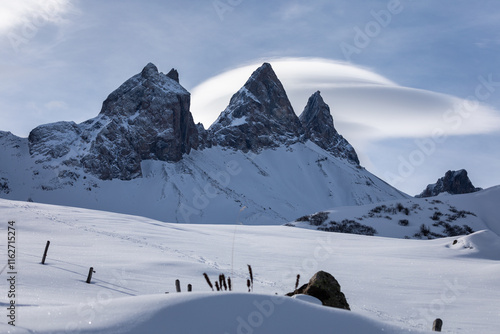 Bild auf Leinwand Aiguilles d'Arves mountains covered by snow in winter; sunny day in the french a