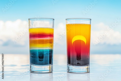 Two slim glasses, one with a layered sunrise juice, the other with a sunset blend, day and night themed on a white horizon. photo