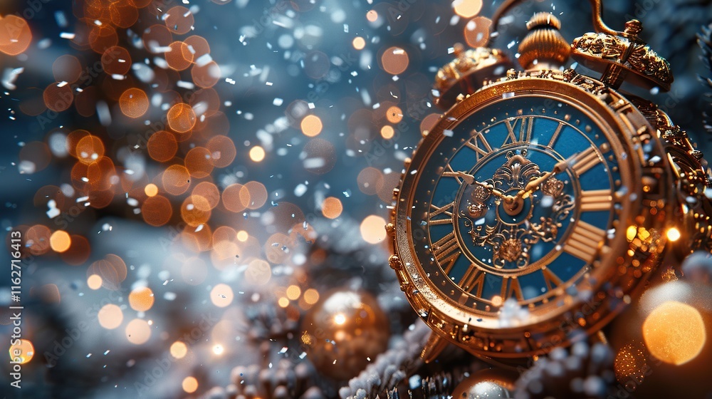 A clock striking midnight, signaling the arrival of 2025, surrounded by sparkling decorations. Capture the magical moment of the New Year A clock striking midnight, signaling the arrival of 2025, surrounded by sparkling decorations. Capture the magical moment of the New Year