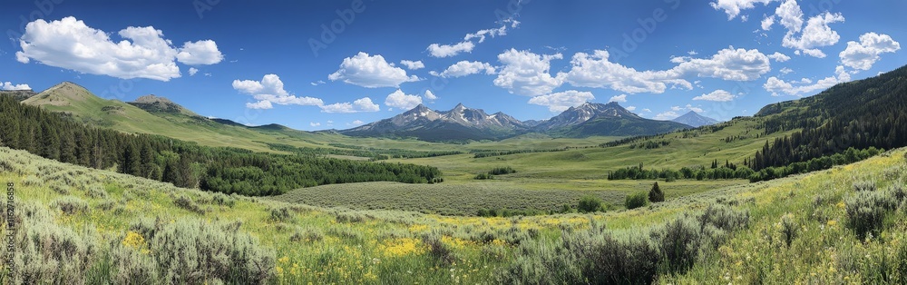 Fototapeta premium Serene Green Hills and Vibrant Valley with Blue Sky