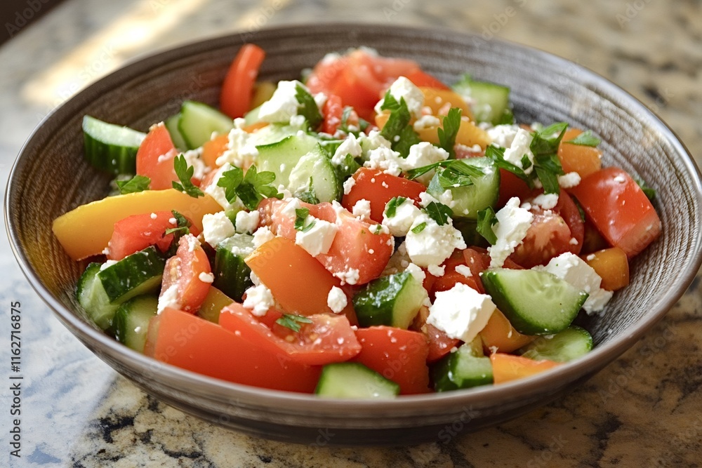 Colorful greek salad featuring fresh tomatoes, cucumbers, bell peppers, and crumbled feta cheese, garnished with parsley, served in a rustic bowl, offering a healthy and refreshing meal Colorful greek salad featuring fresh tomatoes, cucumbers, bell peppers, and crumbled feta cheese, garnished with parsley, served in a rustic bowl, offering a healthy and refreshing meal
