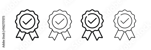 Approval check award ribbon icon set. Certified medal. Quality Badge. Vector illustration