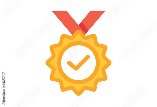 Gold badge medal with ribbon icon. Approval check symbol. Winning award, prize, medal champion