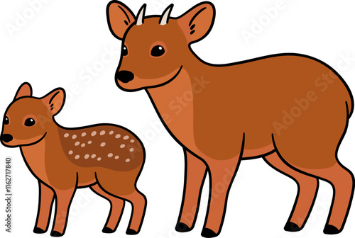 Adult and baby Pudu, small South American deer. Cute cartoon drawing, vector illustration.
