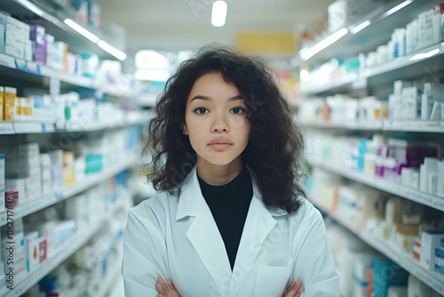 Young pharmacist stands proudly with her arms crossed in the aisle of a well-stocked pharmacy, embodying professionalism and expertise in healthcare