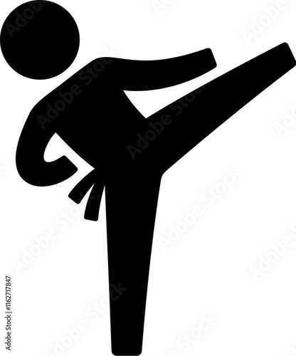 Martial arts icon. Karate or Taekwondo high kick silhouette. Simple stick figure person outline, black and white vector illustration.