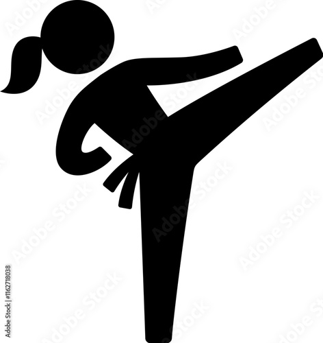 Female martial arts icon. Karate or Taekwondo high kick silhouette. Simple stick figure woman outline, black and white vector illustration.