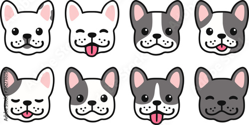 French Bulldog cartoon faces set. Black and white color, different patterns. Cute Frenchie puppy drawing, vector illustration. Smiling, sticking out tongue.