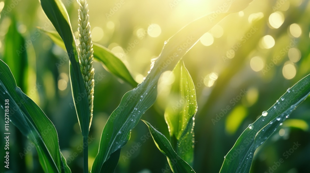 Fototapeta premium Morning Light on Dewy Green Leaves