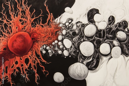 An intricate artwork depicting blood cells in vibrant red merging with swirling black and white forms, illustrating fluid dynamics and biological themes in a striking visual contrast. photo