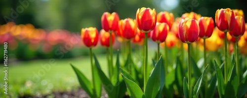 Colorful tulips sprouting from a compact bush, garden, green, blossom photo