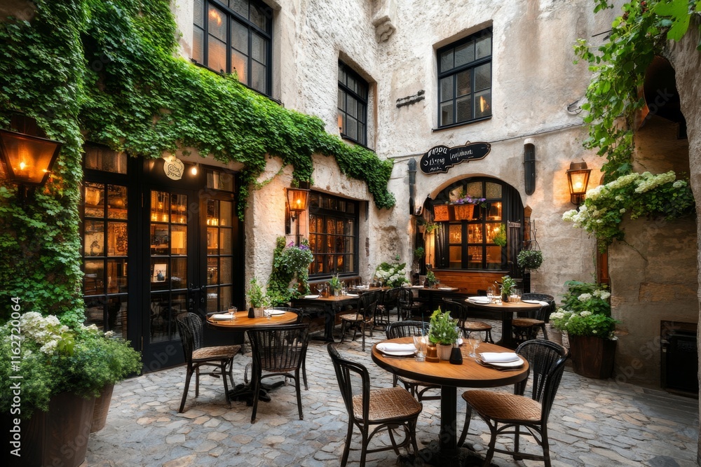 Fototapeta premium A scenic cafÃ© with an ivy-covered exterior, wooden tables, and warm lighting creating a cozy ambiance