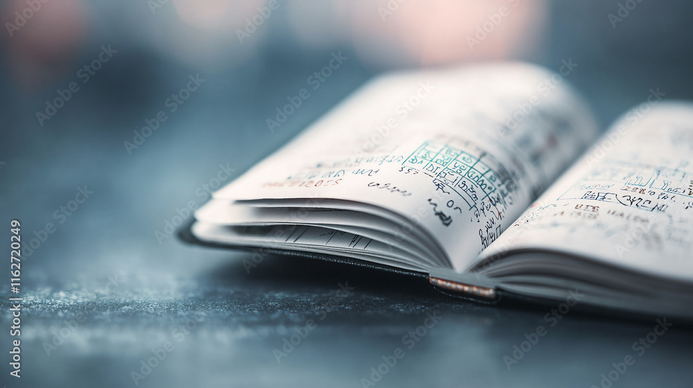 Obraz premium Open notebook with handwritten notes and sketches on table surface