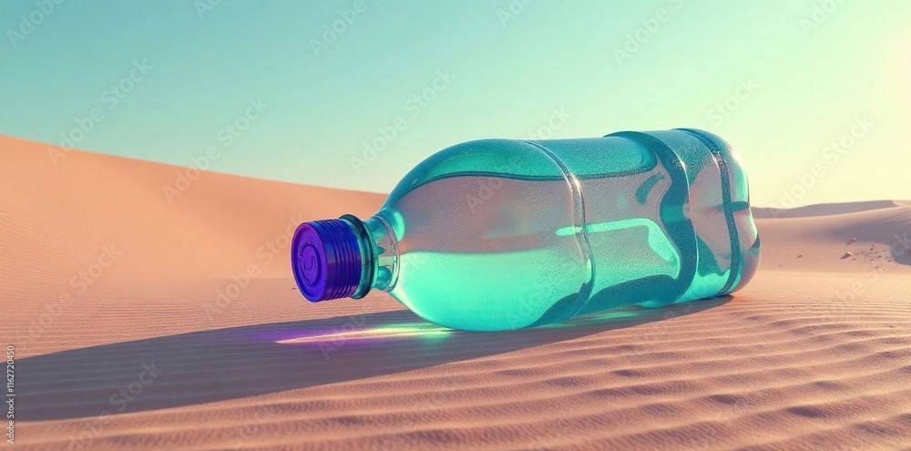 Desert mirage shrouds a gigantic water bottle, water bottle, purple, green