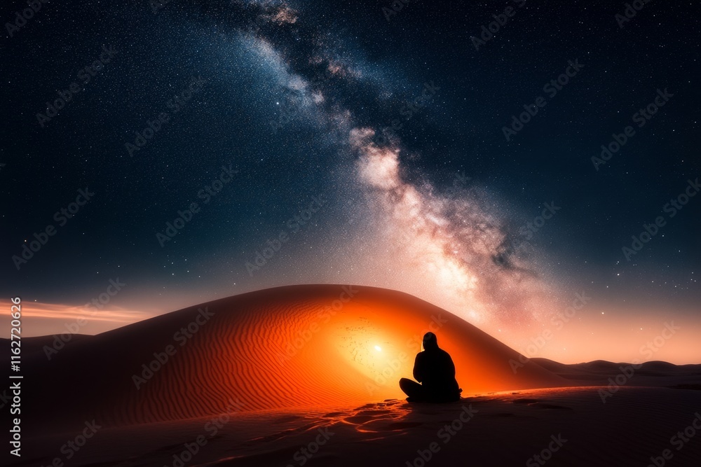 A serene desert scene with a lone traveler kneeling in prayer under the vast, starry night sky A serene desert scene with a lone traveler kneeling in prayer under the vast, starry night sky