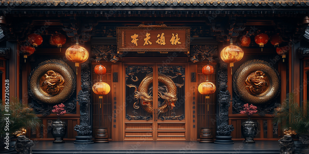 Obraz premium An ornate wooden snake zodiac gate welcomes visitors to a Chinese New Year celebration. Lanterns and traditional art adorn the entrance, symbolizing unity, luck, and prosperity.