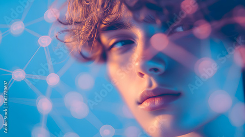 Futuristic Portrait of a Young Woman with Digital Neural Network Overlay