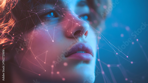 Futuristic Portrait of a Young Woman with Digital Neural Network Overlay