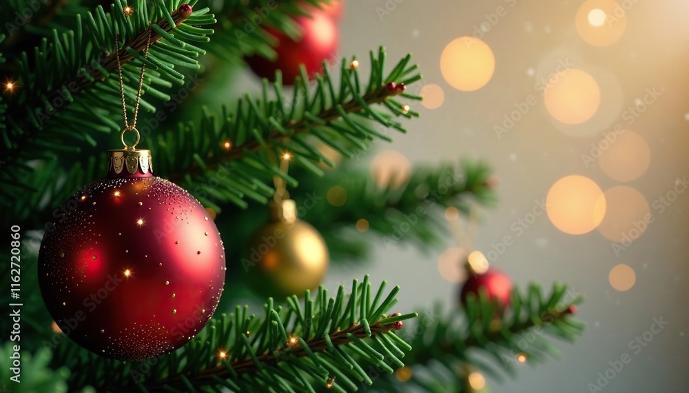 Evergreen branches adorned with glass spheres, Christmas tree, holiday cheer, shimmering baubles Evergreen branches adorned with glass spheres, Christmas tree, holiday cheer, shimmering baubles