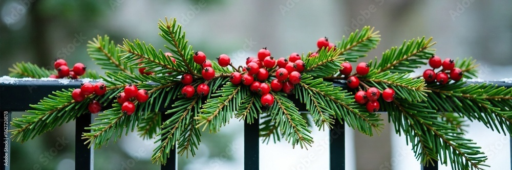 Evergreen branches adorned with red berries on a railing, evergreen branches, white wreath, festive Evergreen branches adorned with red berries on a railing, evergreen branches, white wreath, festive