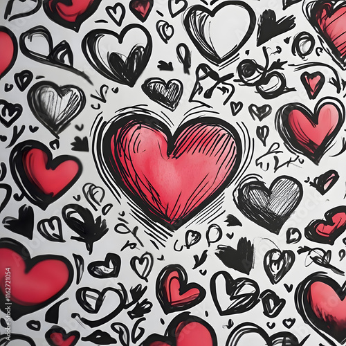 Hand-Drawn Black and White Floral Pattern with Hearts