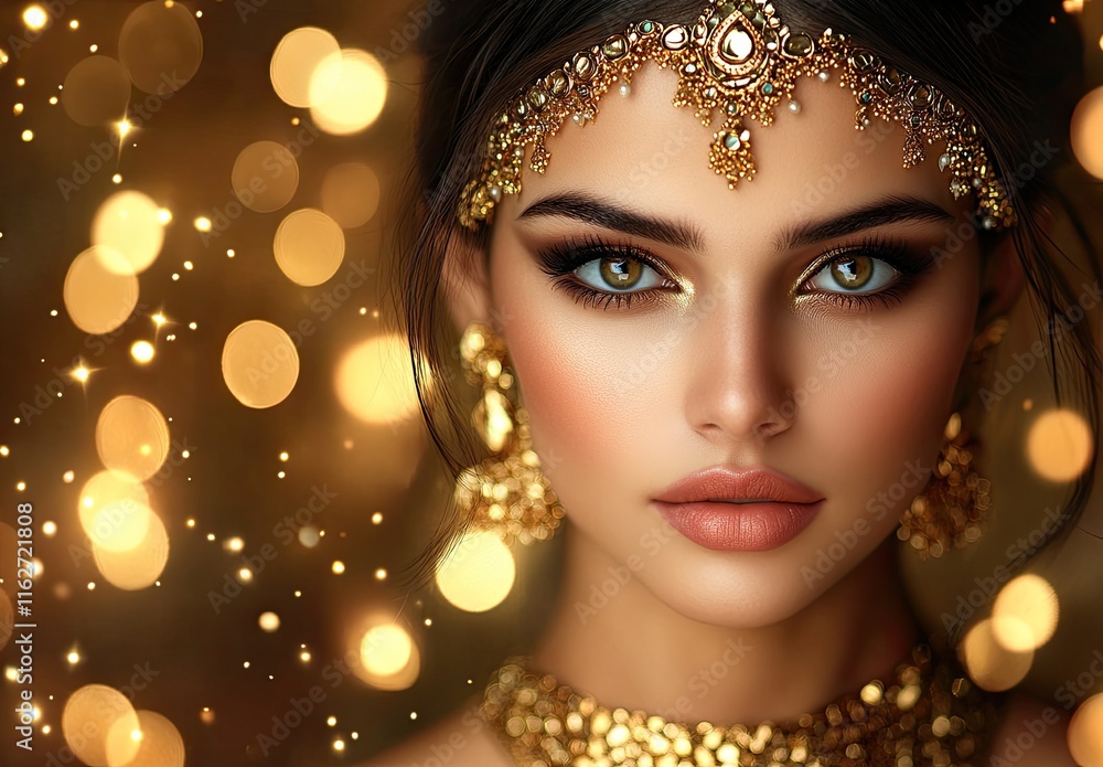 A stunning Indian woman adorned in golden jewelry and ornaments, including earrings, poses against an elegant background of shimmering metallic tones A stunning Indian woman adorned in golden jewelry and ornaments, including earrings, poses against an elegant background of shimmering metallic tones