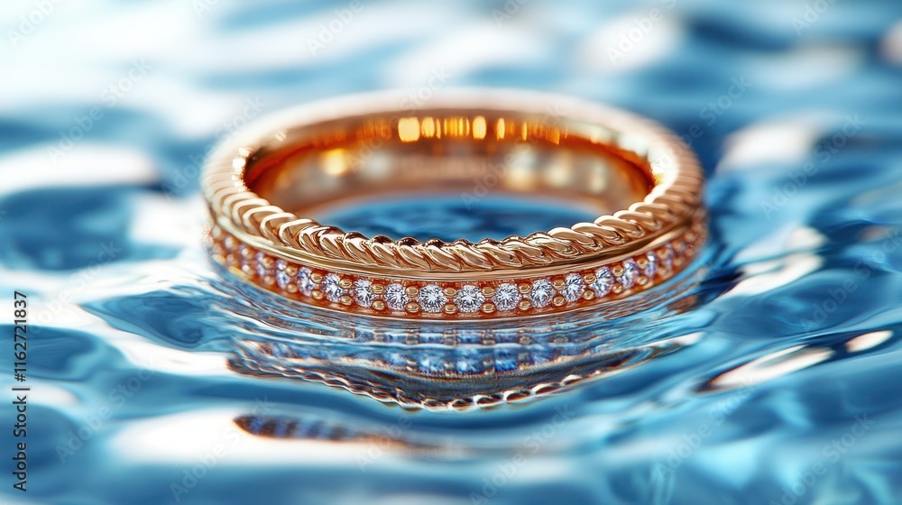 Elegant gold ring with diamonds resting on rippled water surface. Elegant gold ring with diamonds resting on rippled water surface.