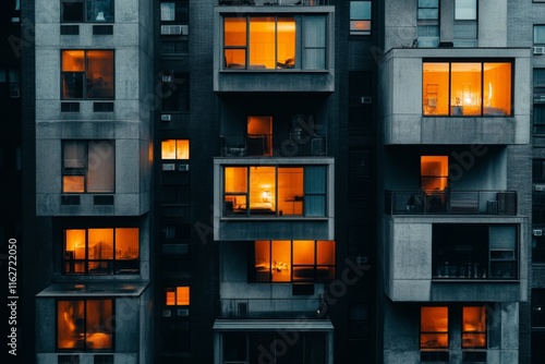 A single lit window in a high-rise apartment building, surrounded by darkness in an otherwise sleeping city photo