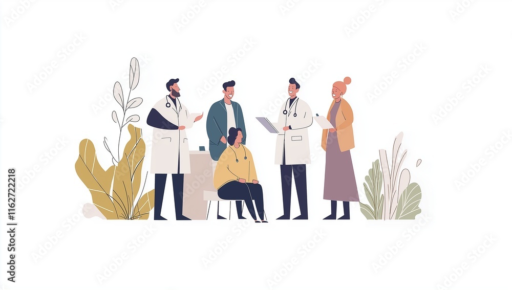 Naklejka premium A group of happy doctors discussing a patient's treatment plan, a flat vector illustration with a white background and a minimalistic style.