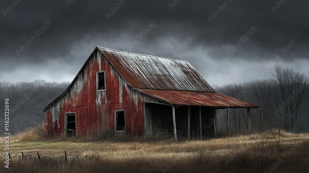 Rustic Red Barn in Overcast Farmland Setting