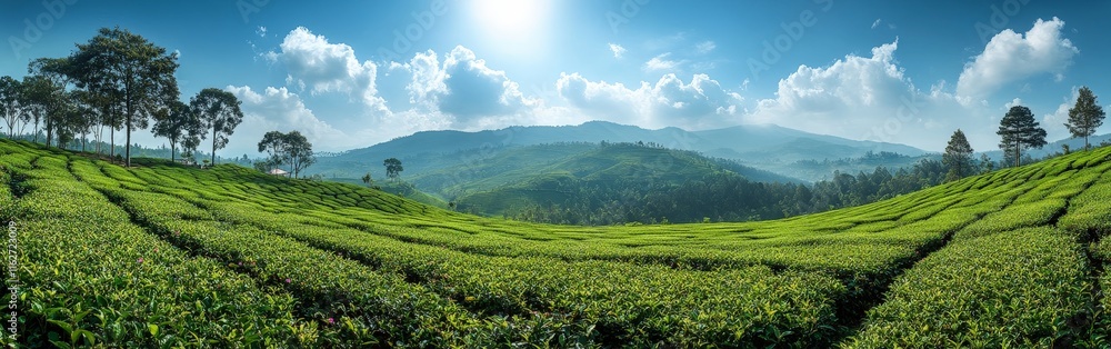 Serene Green Hills and Vibrant Valley with Blue Sky Serene Green Hills and Vibrant Valley with Blue Sky