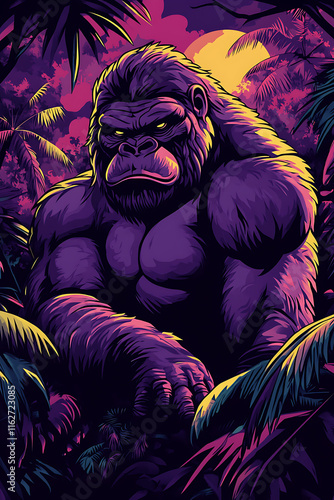 A vibrant, stylized illustration of a powerful gorilla in a lush jungle setting. photo