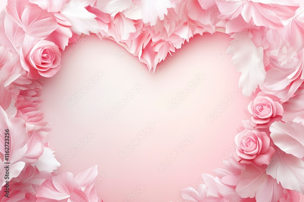 Obraz premium Romantic Heart Frame with Pink Roses and Petals for Valentine's Day Celebration or Love-Related Events in Soft Pastel Colors