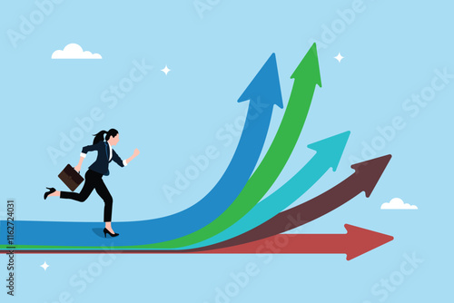 Choosing a direction for future opportunities. Businesswoman running towards different indicated paths.Various paths to success. Making the right decisions for a better career.