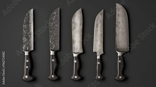 Kitchen knife types, vector realistic 3D isolated kitchenware mockup. Meat cutting hatchet, cleaver and butcher, axe and peeling knife of stainless steel with black handle, bread and barbecue knives photo