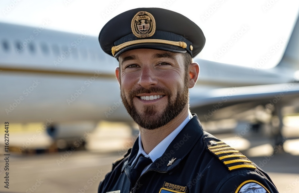 A handsome male pilot stands in front of an airplane, smiling and wearing his uniform with the captain's hat on A handsome male pilot stands in front of an airplane, smiling and wearing his uniform with the captain's hat on