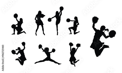 Silhouette of Cheerleaders Performing Energetic Moves With Pom-Poms in Group Formation