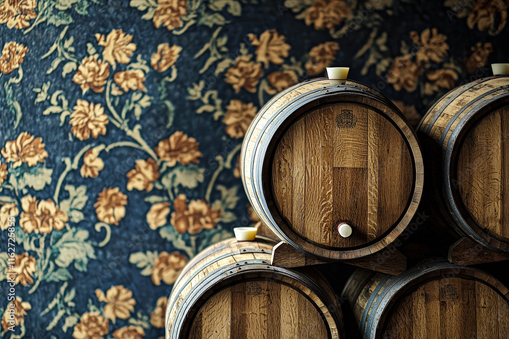 Three wooden barrels rest on top of each other, complemented by a vintage floral wallpaper in a cozy environment Three wooden barrels rest on top of each other, complemented by a vintage floral wallpaper in a cozy environment