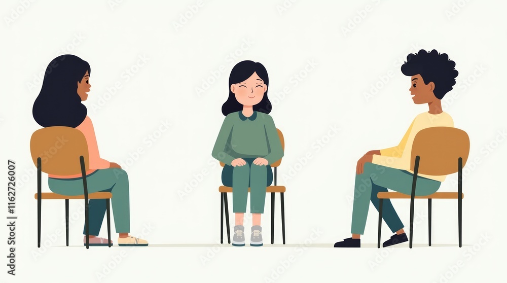 Three people sitting on chairs, engaging in a group discussion, minimalistic style, white background, concept of teamwork. Concept of support group Three people sitting on chairs, engaging in a group discussion, minimalistic style, white background, concept of teamwork. Concept of support group