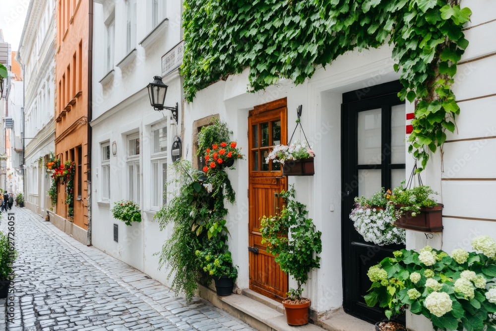 Fototapeta premium An ivy-clad wall along a narrow cobblestone street, creating a charming and cozy atmosphere