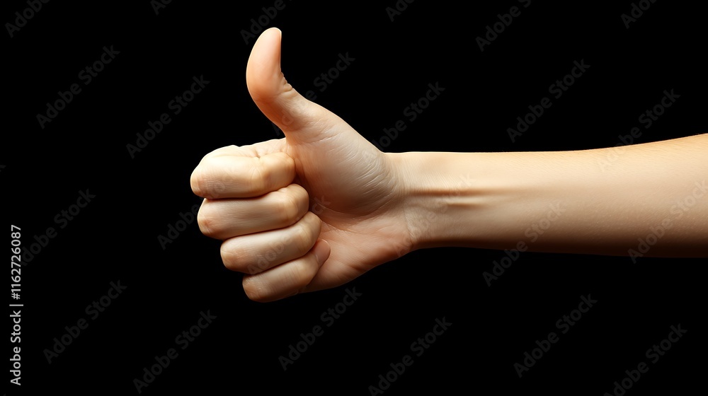 Close-up of a hand giving a thumbs-up gesture against a black background. Close-up of a hand giving a thumbs-up gesture against a black background.
