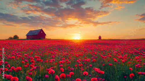 Fototapeta Naklejka Na Ścianę i Meble -  A golden sunset casts warm light over a field filled with blooming poppies, highlighting a rustic barn surrounded by peaceful countryside